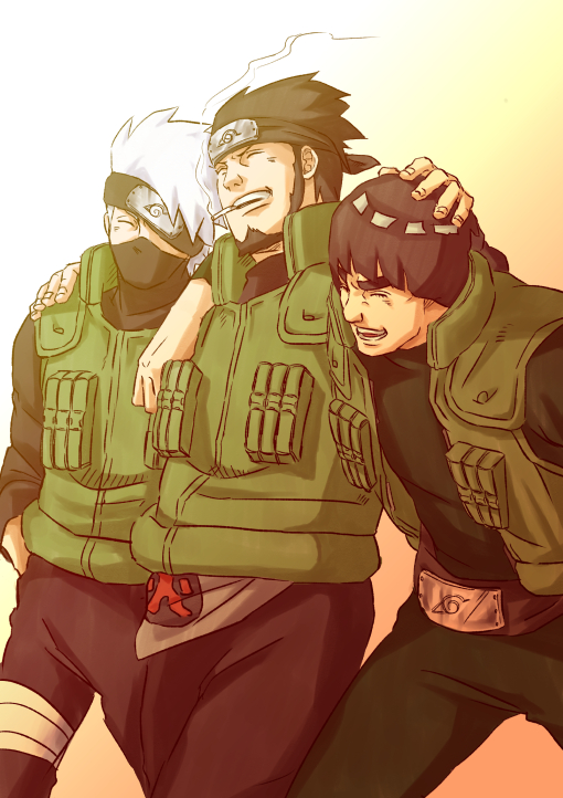 hatake kakashi, sarutobi asuma, and might guy (naruto and 1 more) drawn by ami_(greeneyes37)