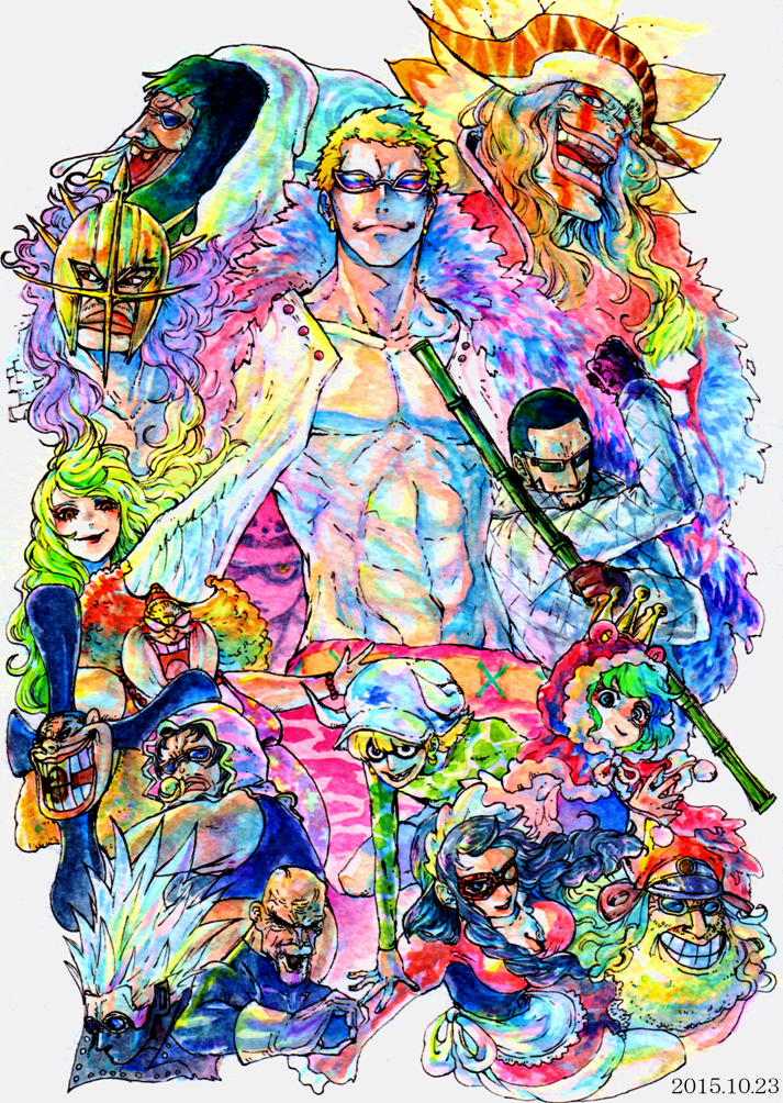 trafalgar law, donquixote doflamingo, donquixote rocinante, baby 5, monet, and 12 more (one piece) drawn by mawari28