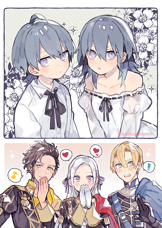 female byleth, edelgard von hresvelg, dimitri alexandre blaiddyd, male byleth, and claude von riegan (fire emblem and 1 more) drawn by kanikuriiimu000