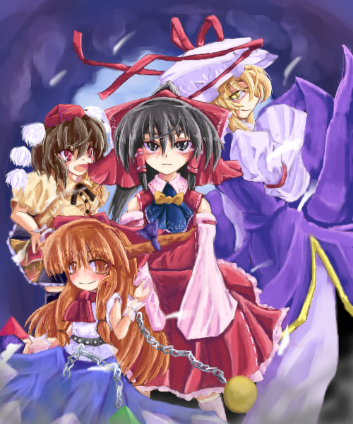 hakurei reimu, yakumo yukari, shameimaru aya, and ibuki suika (touhou) drawn by tonpudou