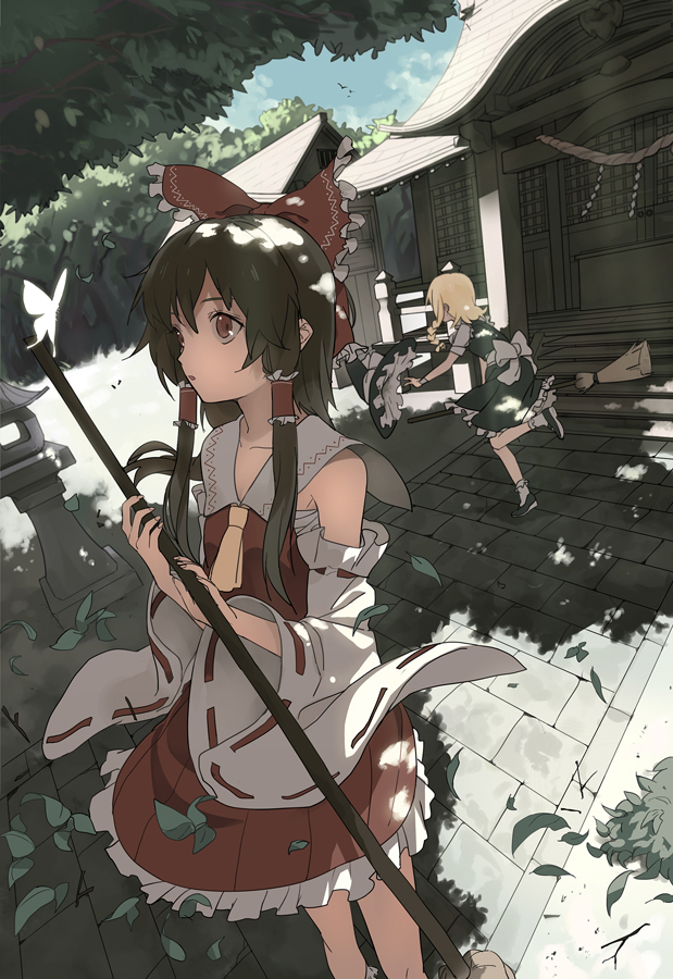 hakurei reimu and kirisame marisa (touhou) drawn by gyaku_tsubasa