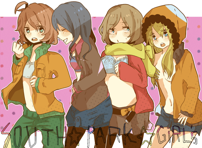 stan marsh, kenny mccormick, kyle broflovski, and eric cartman (south park) drawn by moku109