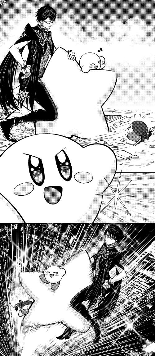 kirby, bayonetta, and bandana waddle dee (kirby and 3 more) drawn by ouya_(maboroshimori)