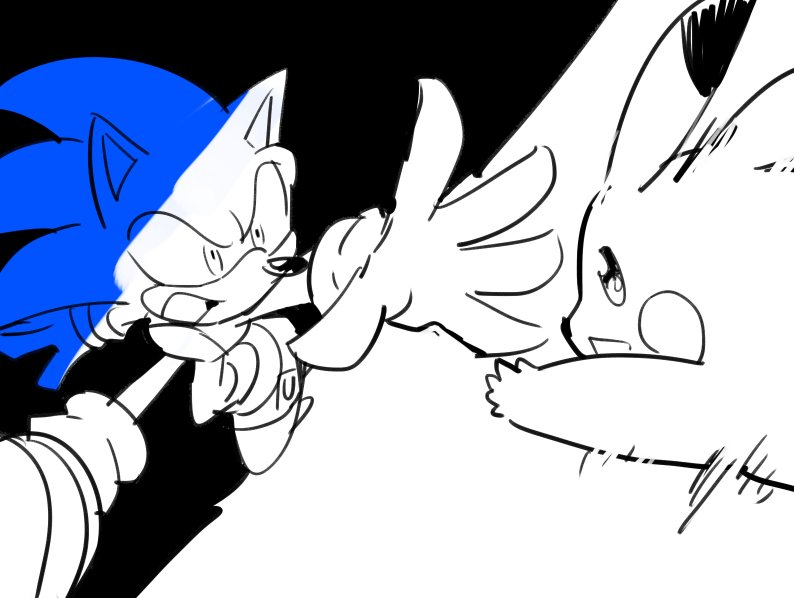 pikachu and sonic the hedgehog (pokemon and 2 more) drawn by bone_(stare)