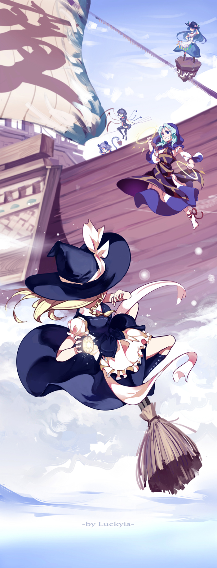 kirisame marisa, hinanawi tenshi, nazrin, houjuu nue, murasa minamitsu, and 1 more (touhou and 1 more) drawn by luckyia