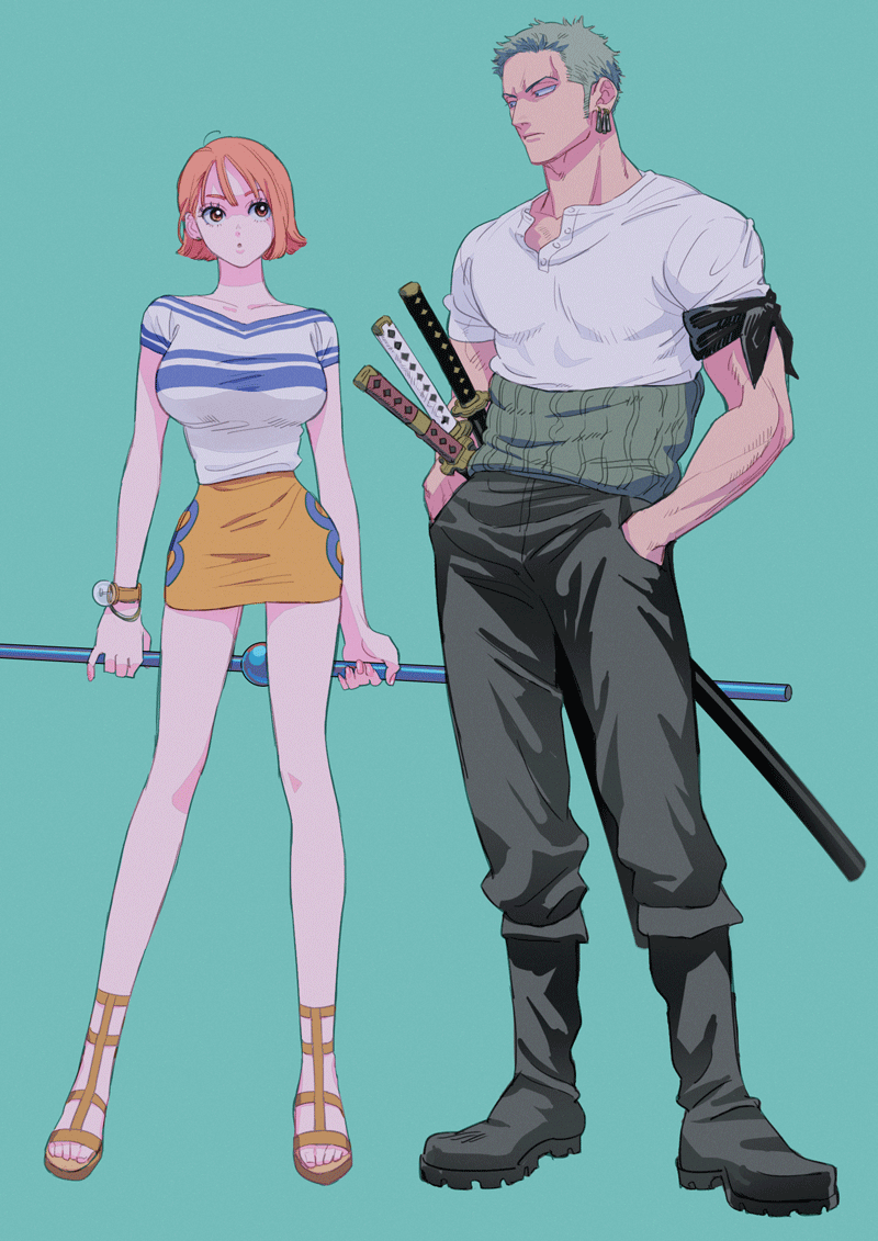 nami and roronoa zoro (one piece) drawn by maiko_(setllon)