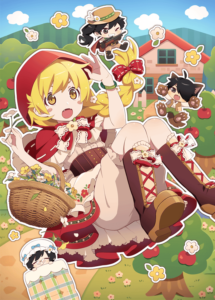 oshino shinobu, little red riding hood, araragi koyomi, araragi karen, araragi tsukihi, and 3 more (monogatari and 2 more) drawn by watanabe_akio