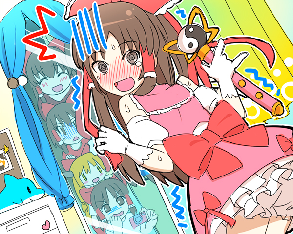 hakurei reimu, ibuki suika, benikurage, kanna, reu, and 2 more (touhou and 1 more) drawn by umo_(cookie)