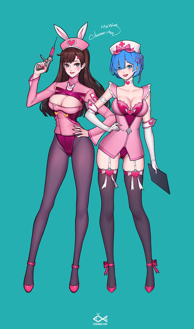 rem and d.va (re:zero kara hajimeru isekai seikatsu and 2 more) drawn by citemer