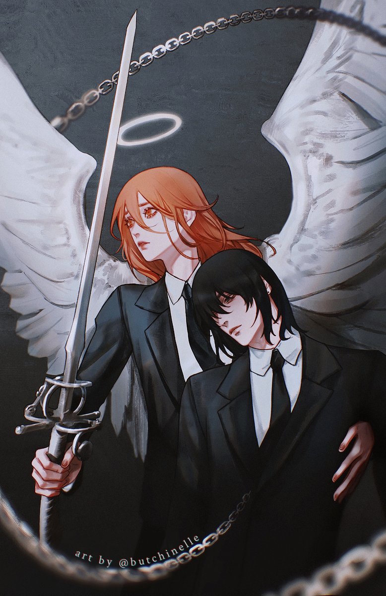 hayakawa aki and angel devil (chainsaw man) drawn by butchinelle