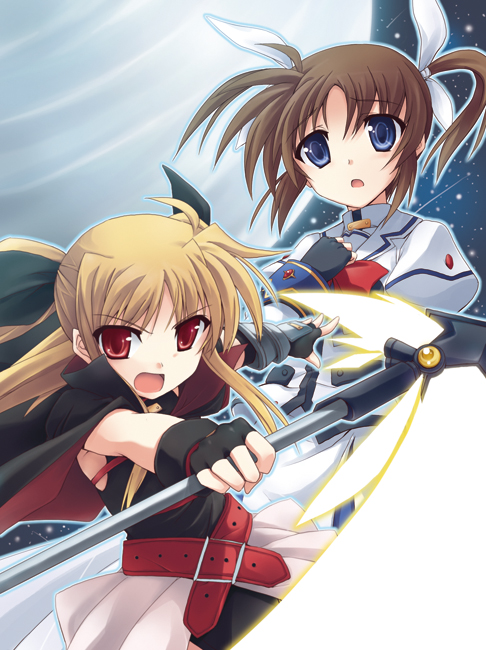 fate testarossa, takamachi nanoha, and bardiche (lyrical nanoha and 2 more) drawn by kusakami_akira