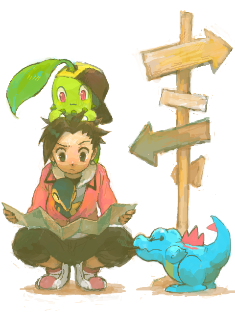 ethan, cyndaquil, chikorita, and totodile (pokemon and 1 more) drawn by d&p