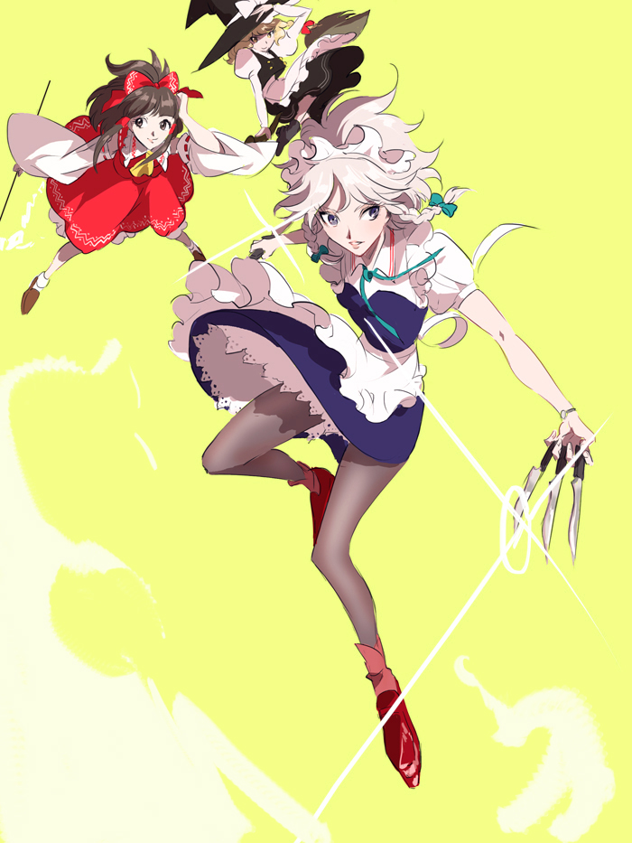hakurei reimu, kirisame marisa, and izayoi sakuya (touhou) drawn by okomeuma