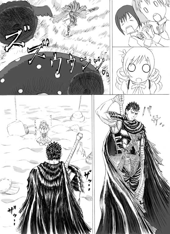 kaname madoka, miki sayaka, tomoe mami, charlotte, and guts (mahou shoujo madoka magica and 1 more) drawn by nemo_(nameless920)