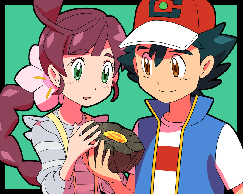 ash ketchum and chloe (pokemon and 1 more) drawn by amada