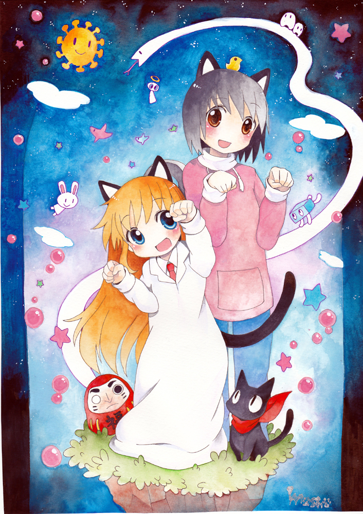shinonome nano, professor shinonome, and sakamoto (nichijou) drawn by mosho