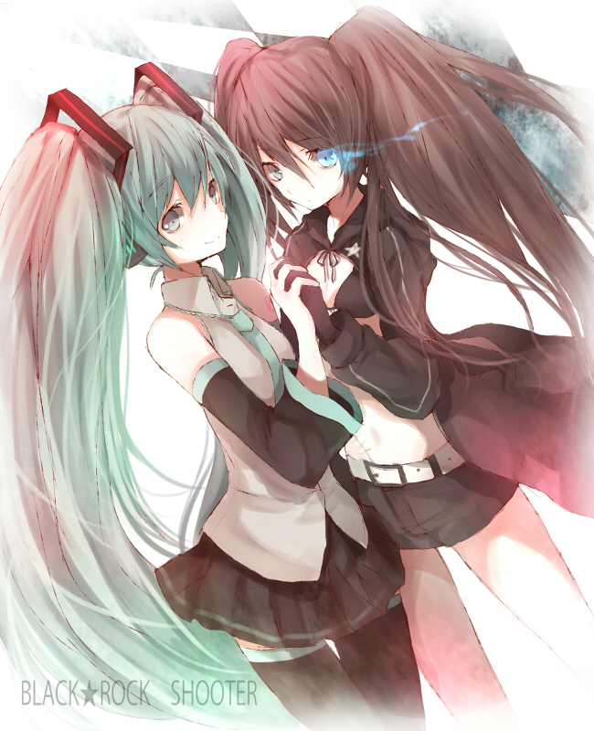 hatsune miku and black rock shooter (vocaloid and 1 more) drawn by tetsuo_(tashirosu)