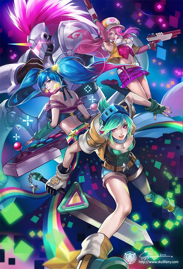 Sona Buvelle Riven Sarah Fortune Arcade Sona Arcade Miss Fortune And 3 More League Of Legends Drawn By Na Young Lee Danbooru