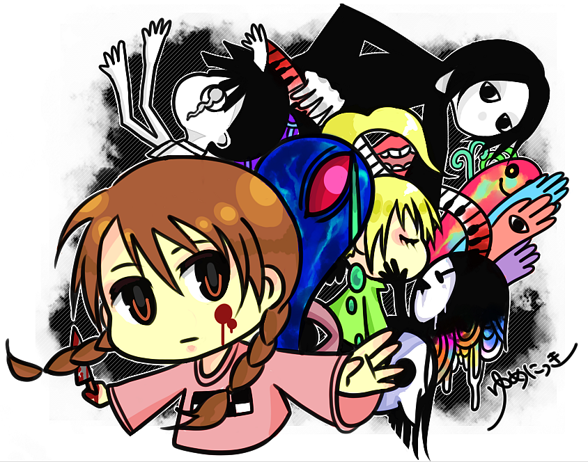 madotsuki, poniko, monoko, uboa, sekomumasada sensei, and 2 more (yume nikki) drawn by mogami_(uduki0422)