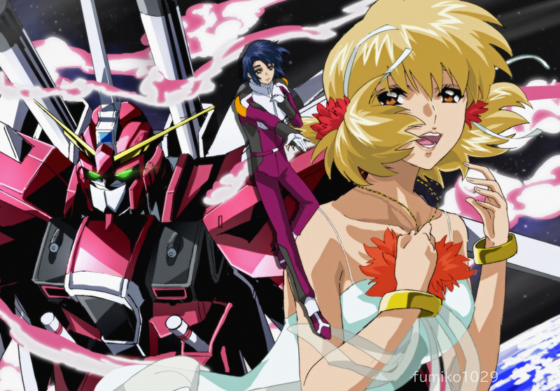 cagalli yula athha, athrun zala, and infinite justice gundam type ii (gundam and 2 more) drawn by fumiko_(mesushi)