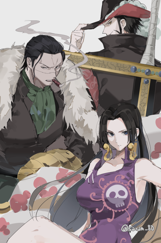 boa hancock, crocodile, and dracule mihawk (one piece) drawn by joman