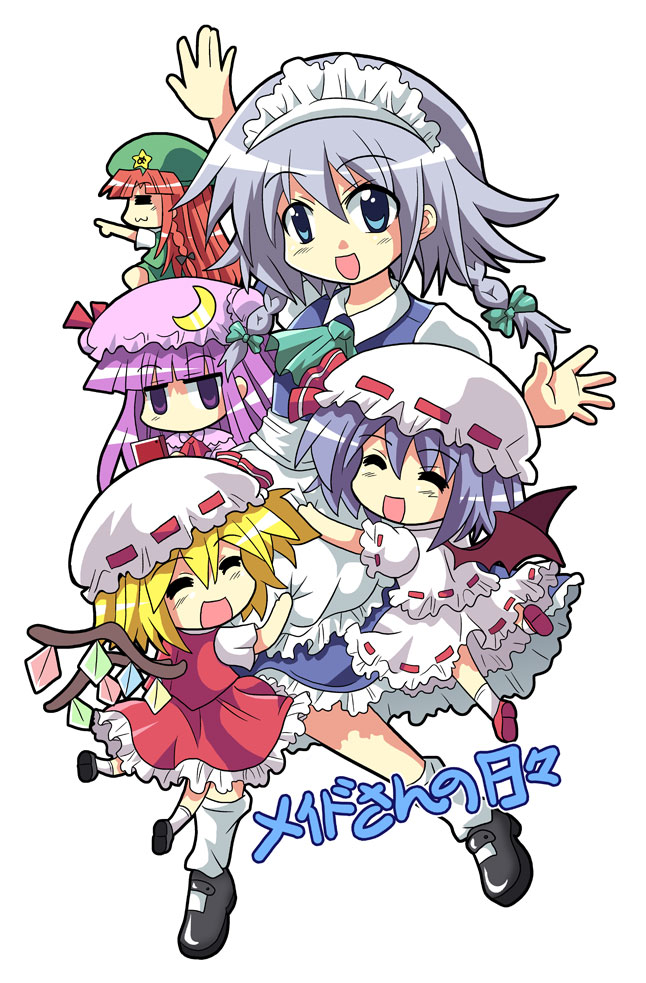 remilia scarlet, flandre scarlet, izayoi sakuya, patchouli knowledge, and hong meiling (touhou) drawn by colonel_aki