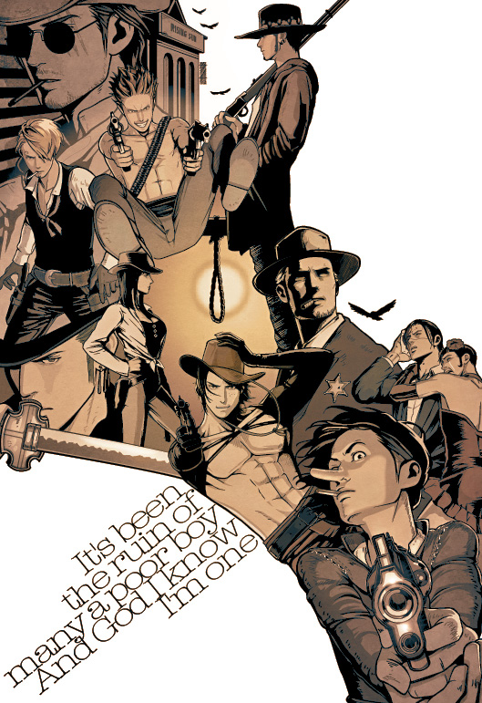 nico robin, roronoa zoro, sanji, trafalgar law, portgas d. ace, and 6 more (one piece) drawn by exb