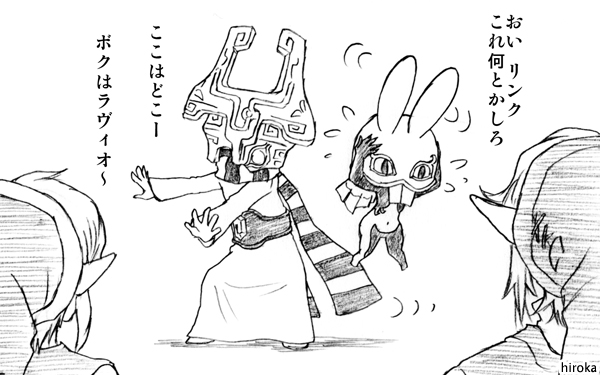 link, midna, and ravio (the legend of zelda and 2 more) drawn by hiroka_m