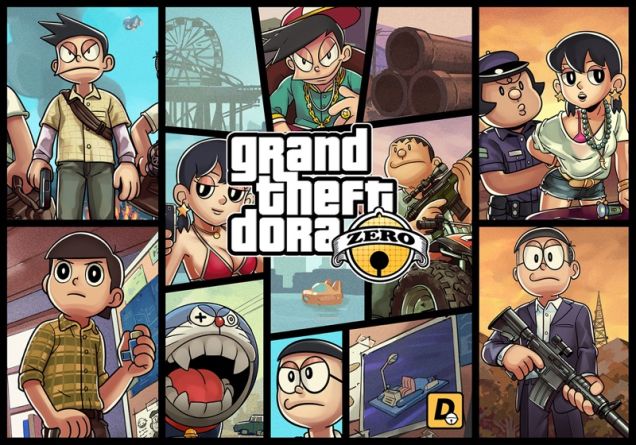 doraemon, minamoto shizuka, nobi nobita, gouda takeshi, honekawa suneo, and 2 more (doraemon and 1 more) drawn by en_(aaa)