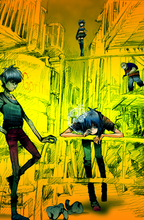 noodle, stuart pot, murdoc niccals, and russel hobbs (gorillaz) drawn by gurenosuke