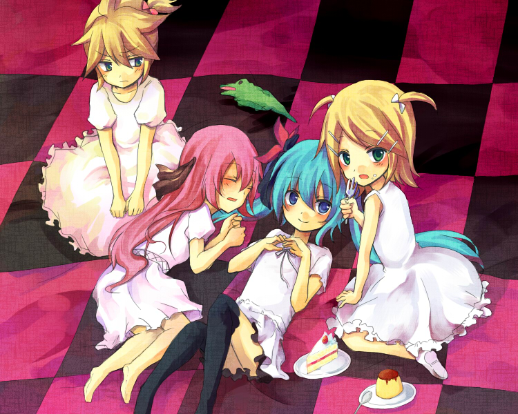 hatsune miku, kagamine rin, kagamine len, and megurine luka (vocaloid and 1 more) drawn by aki-t
