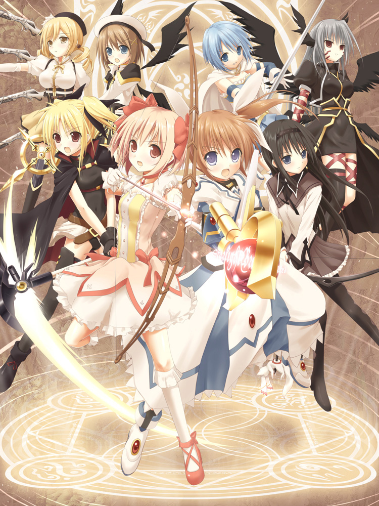 akemi homura, kaname madoka, miki sayaka, tomoe mami, fate testarossa, and 7 more (mahou shoujo madoka magica and 4 more) drawn by akkijin