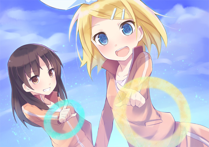 kagamine rin and kyouno madoka (vocaloid and 1 more) drawn by kyuri