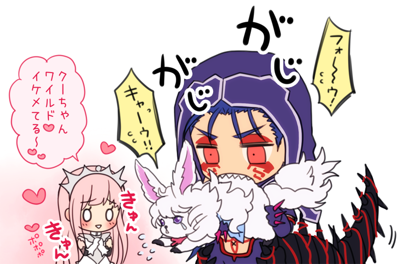 cu chulainn, fou, medb, and cu chulainn alter (fate and 1 more) drawn by hisohiso_(altoblue)