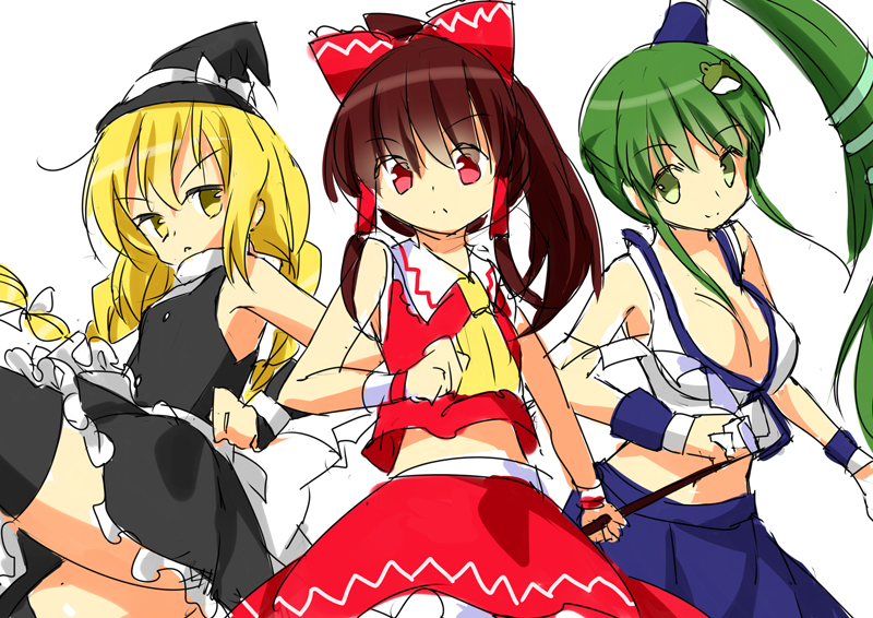 hakurei reimu, kirisame marisa, and kochiya sanae (touhou) drawn by silveroid