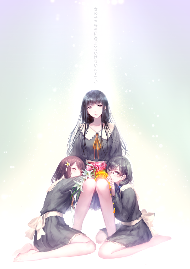 shirahane suou, kousaka mayuri, and hanabishi rikka (flowers) drawn by irua