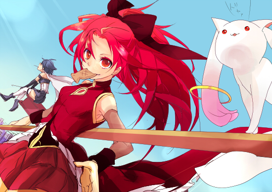 miki sayaka, sakura kyoko, and kyubey (mahou shoujo madoka magica) drawn by chia