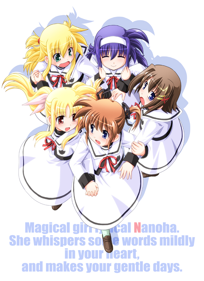 fate testarossa, takamachi nanoha, yagami hayate, arisa bunnings, and tsukimura suzuka (lyrical nanoha and 2 more) drawn by sumeragi_kou