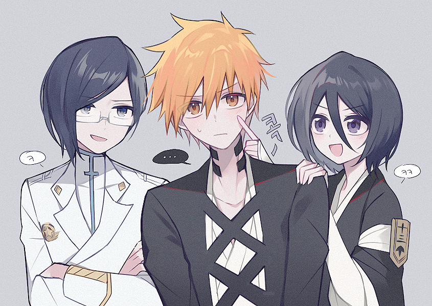 kuchiki rukia, kurosaki ichigo, and ishida uryuu (bleach and 1 more) drawn by g_ieep