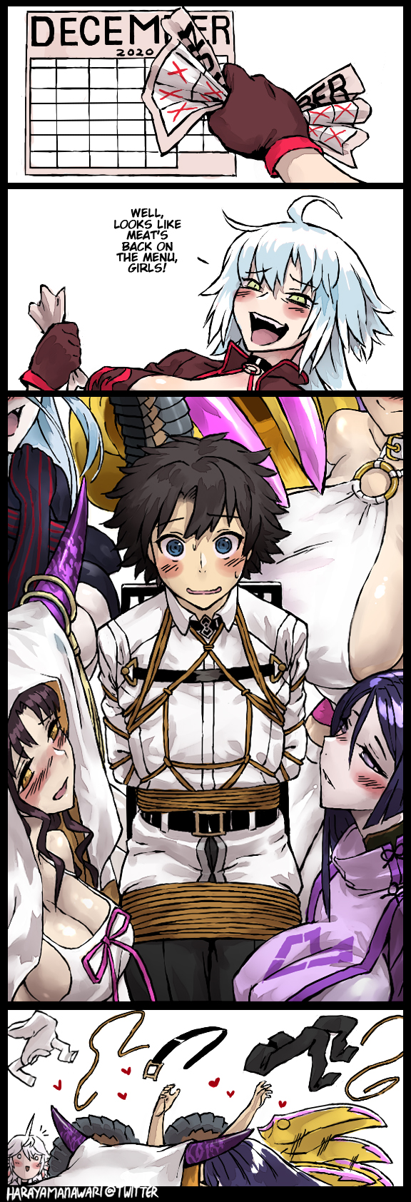 fujimaru ritsuka, jeanne d'arc alter, minamoto no raikou, sessyoin kiara, merlin, and 2 more (fate and 3 more) drawn by haraya_manawari