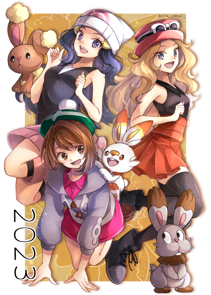 dawn, gloria, serena, scorbunny, buneary, and 1 more (pokemon and 3 more) drawn by yomogi_(black-elf)