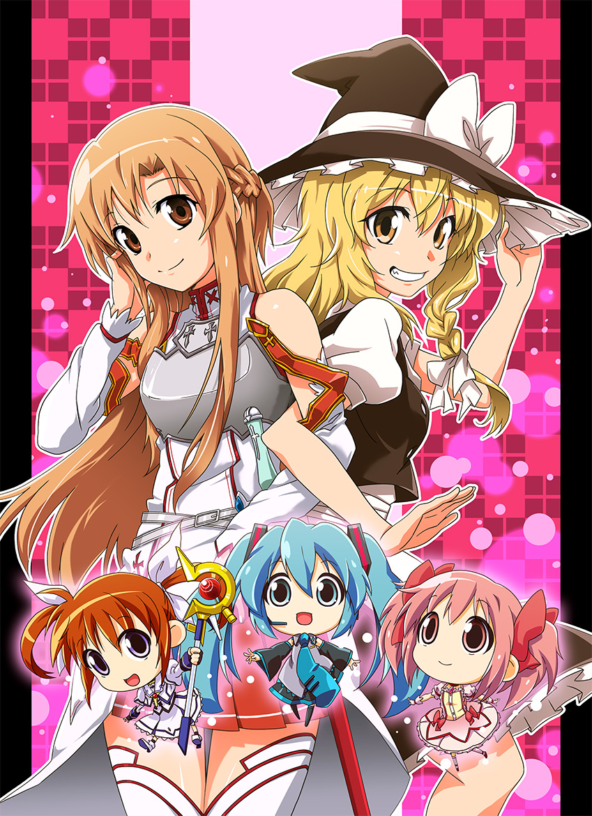 hatsune miku, kirisame marisa, kaname madoka, takamachi nanoha, asuna, and 1 more (touhou and 5 more) drawn by apr
