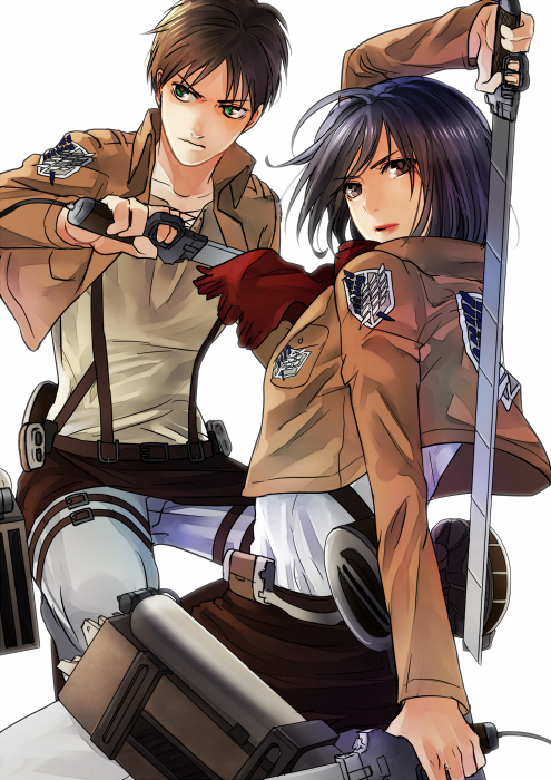 mikasa ackerman and eren yeager (shingeki no kyojin) drawn by kanameyura