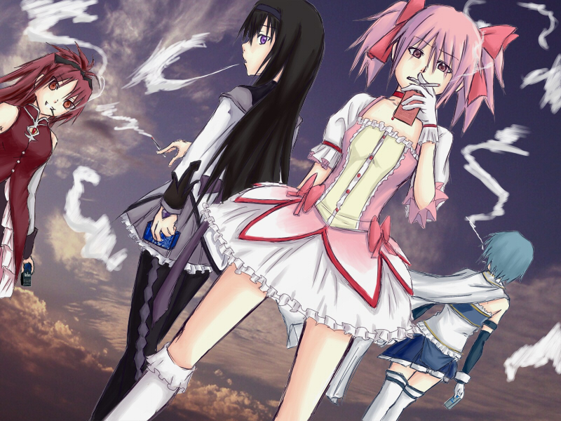 akemi homura, kaname madoka, miki sayaka, and sakura kyoko (mahou shoujo madoka magica) drawn by forest_(4423)