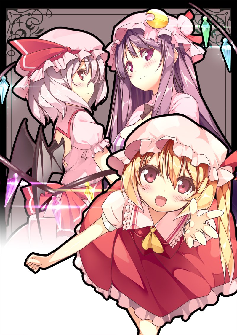 remilia scarlet, flandre scarlet, and patchouli knowledge (touhou) drawn by usume_shirou