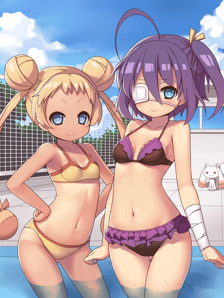 kyubey, takanashi rikka, and dekomori sanae (mahou shoujo madoka magica and 1 more) drawn by kinjo_kuromomo
