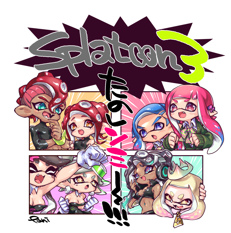 inkling player character, inkling girl, callie, marie, inkling boy, and 3 more (splatoon and 1 more) drawn by pani_spla