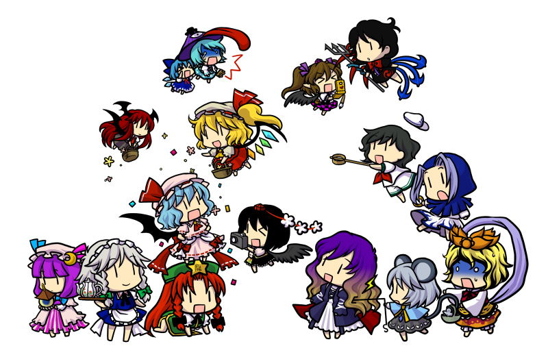 remilia scarlet, flandre scarlet, izayoi sakuya, cirno, patchouli knowledge, and 11 more (touhou) drawn by socha