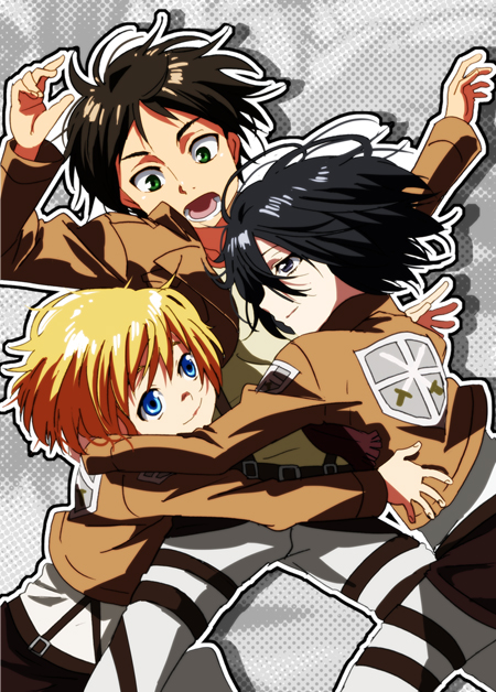 mikasa ackerman, eren yeager, and armin arlert (shingeki no kyojin) drawn by fumiko_(mesushi)