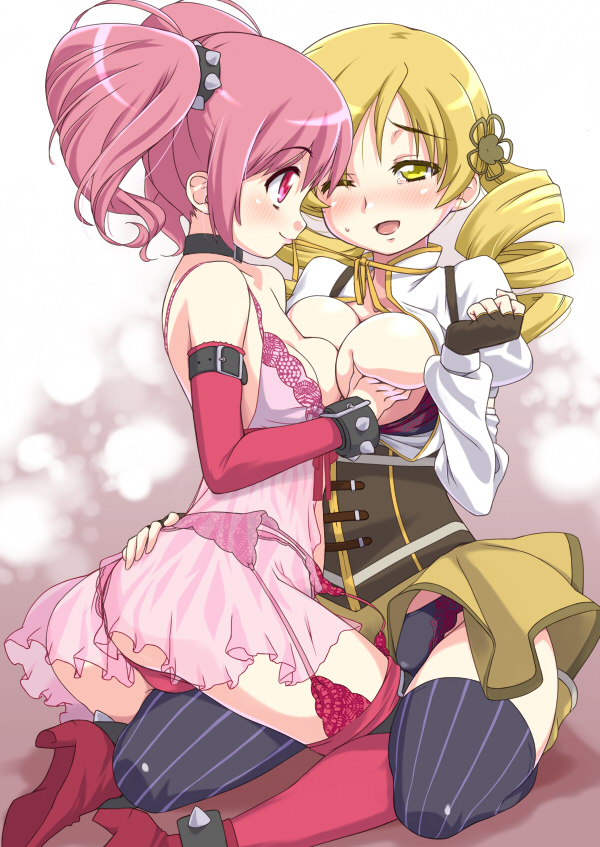 kaname madoka and tomoe mami (mahou shoujo madoka magica) drawn by senzoc